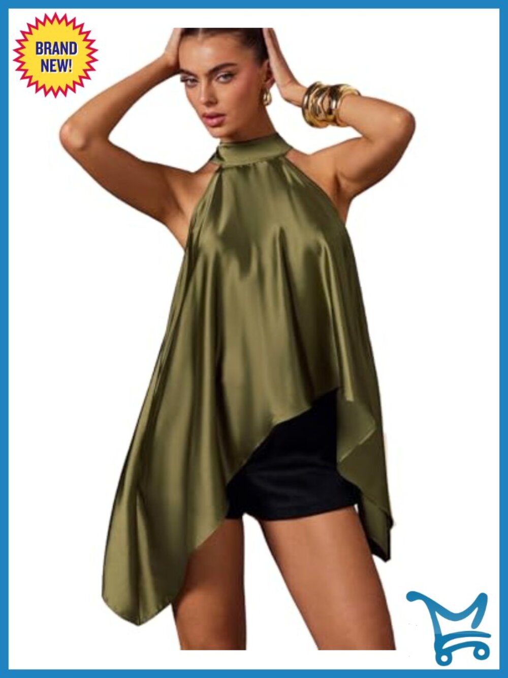 Women's Satin Halter Bow Tie Back Sleeveless Asymmetrical Blouse